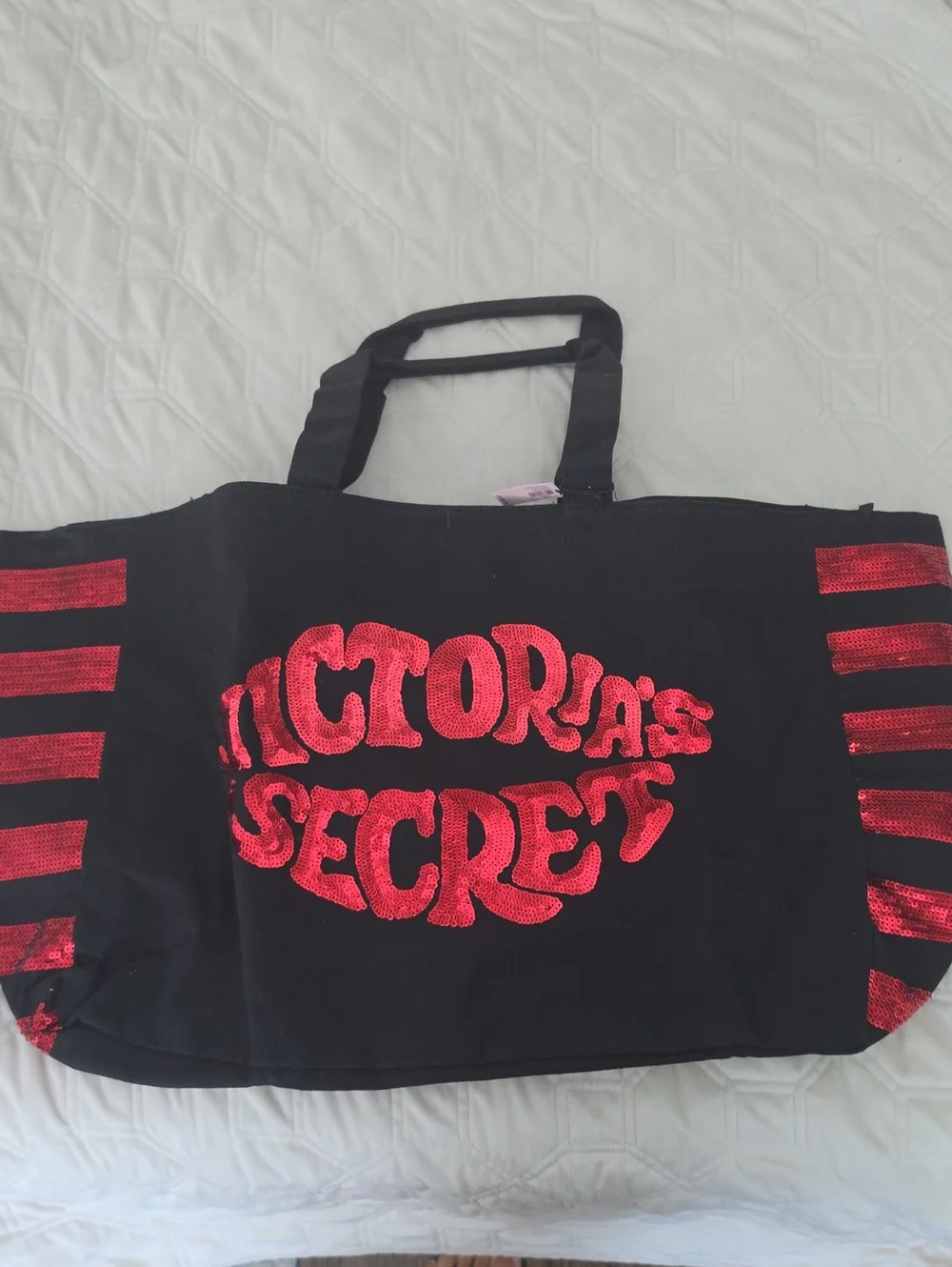 Victoria's Secret Black Tote with Red Sequin Logo and Side Stripes
